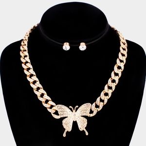 Gold Rhinestone Crystal Butterfly Pendant Necklace